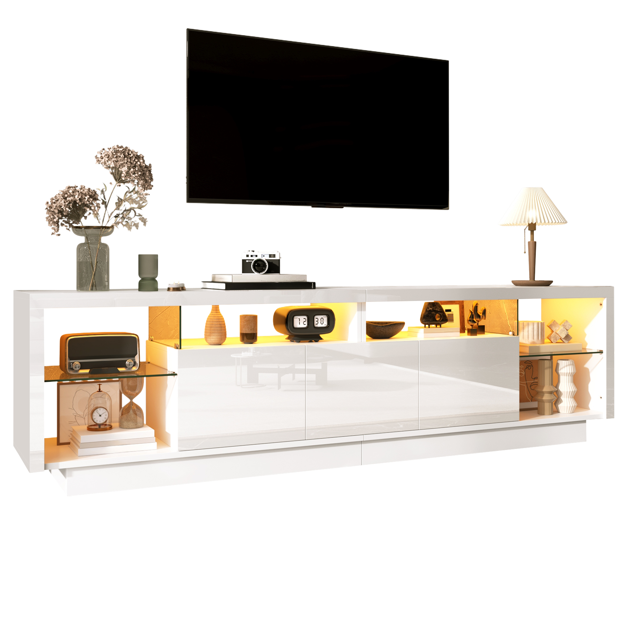 TV-taso 200x38x55 cm valkoinen lastulevy säilytyksellä ja liukuovilla