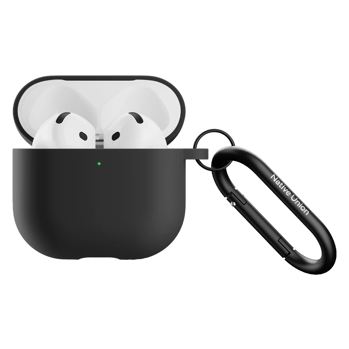 Silikonikuori AirPods 4:lle metallisella karabiinihakasella