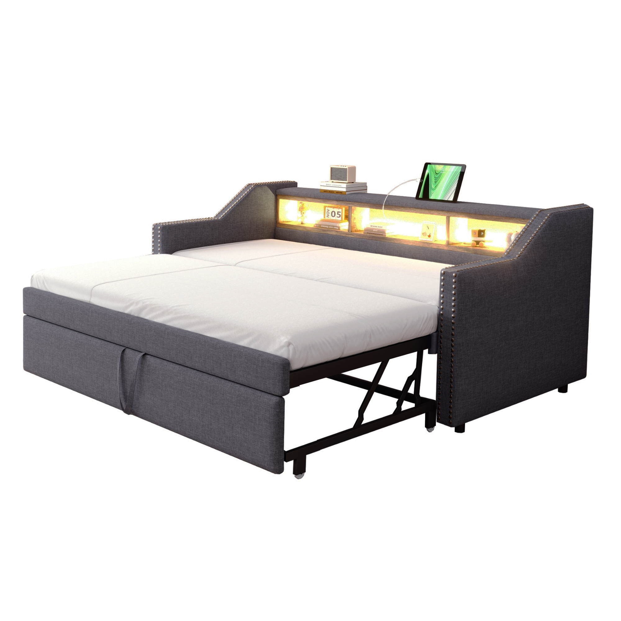 sänky 90x190 cm laajennettava säilytystila LED-valaistus ja USB-liitäntä tummanharmaa kangas