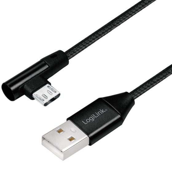 Kulmikas MicroUSB-kaapeli USB 2.0 15W 1m