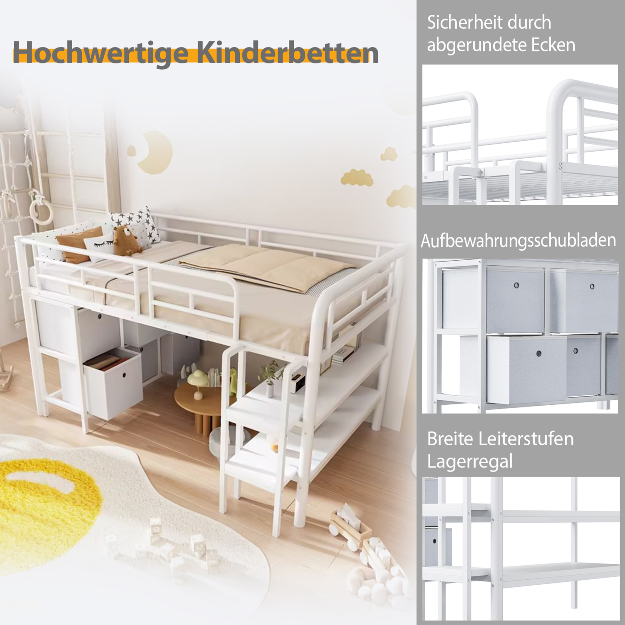Lasten kerrossänky 90x200, metallinen, leveillä portailla, laatikoilla ja hyllyillä, valkoinen