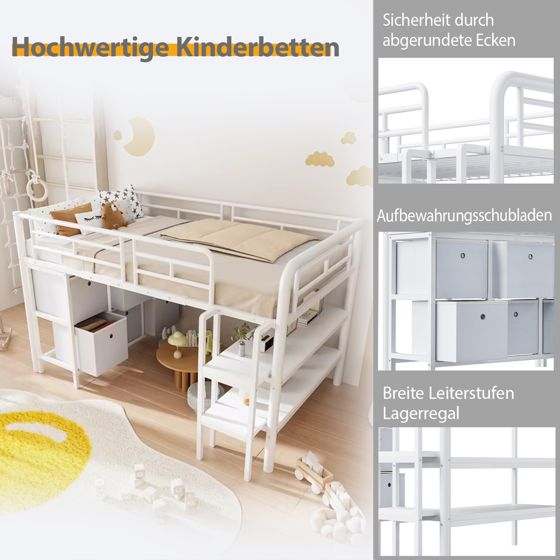 Lasten kerrossänky 90x200, metallinen, leveillä portailla, laatikoilla ja hyllyillä, valkoinen