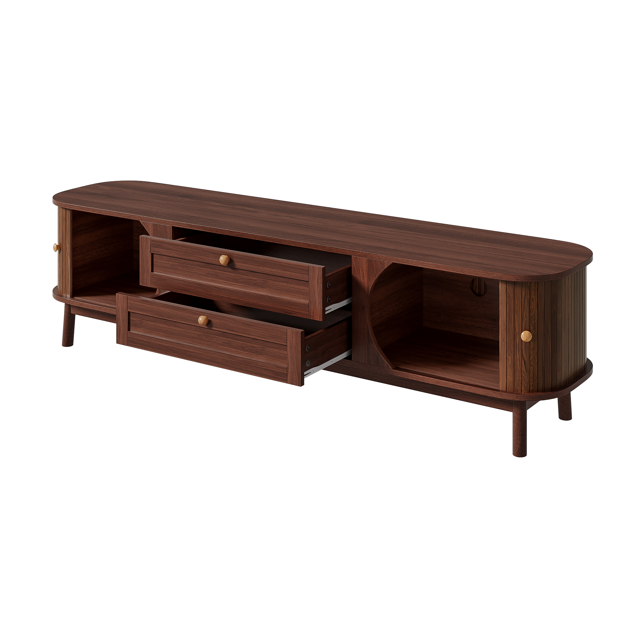 TV-taso 170x46x39,5 cm pähkinävärisenä MDF:stä säilytyksellä ja laatikoilla