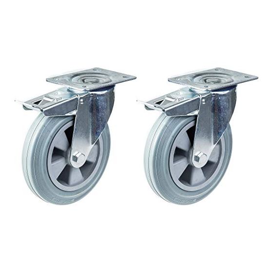 200mm 8" kääntöpyörä harmaasta kumista, jarrullinen, vahva, 410kg kantavuus, 2 kpl:n setti