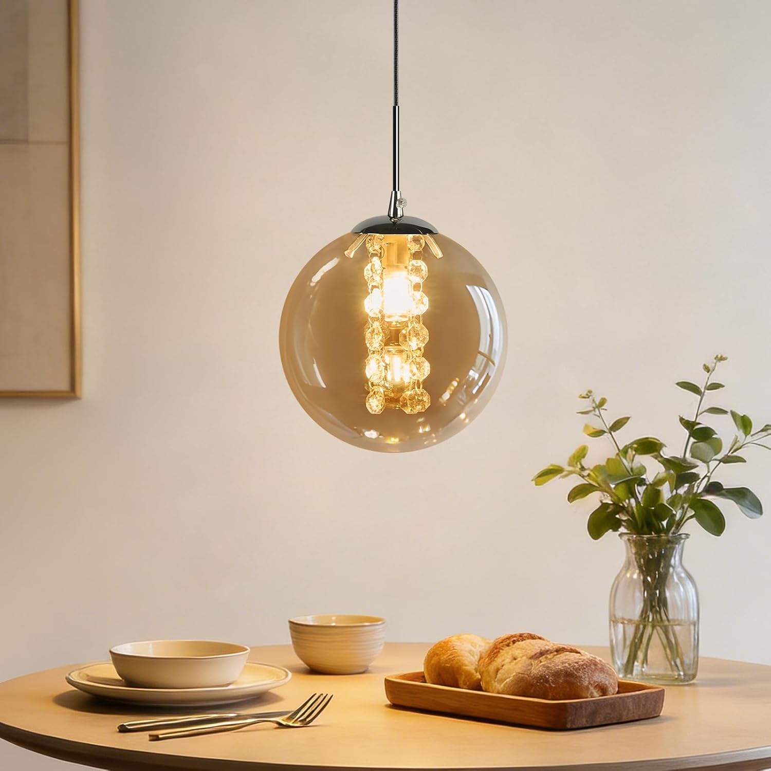 Nettlife moderni meripihkanvärinen lasinen riippuvalaisin G9, säädettävällä korkeudella varustettu kattokruunu 120 cm, design-valaisin ruokapöydälle