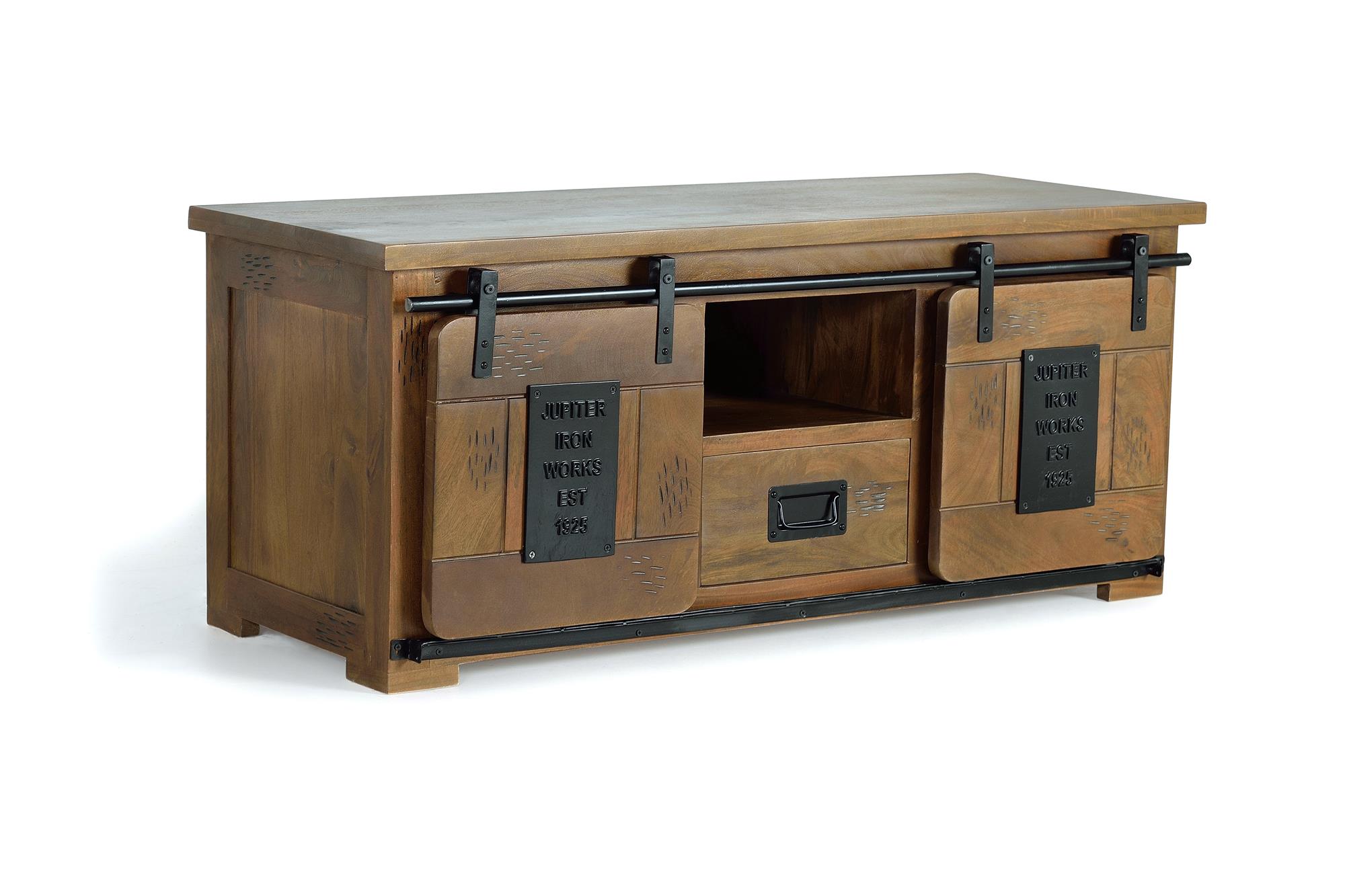 Mangopuusta ja metallista valmistettu TV-taso