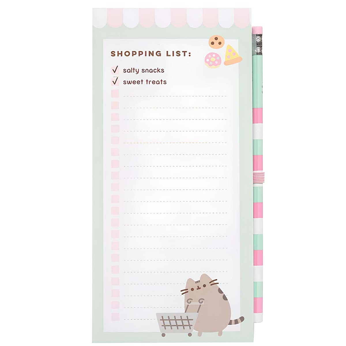 Magneettinen muistilehtiö ostoslistalle kynällä ja kissakuviolla