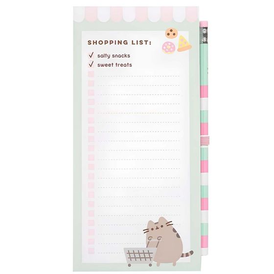 Magneettinen muistilehtiö ostoslistalle kynällä ja kissakuviolla