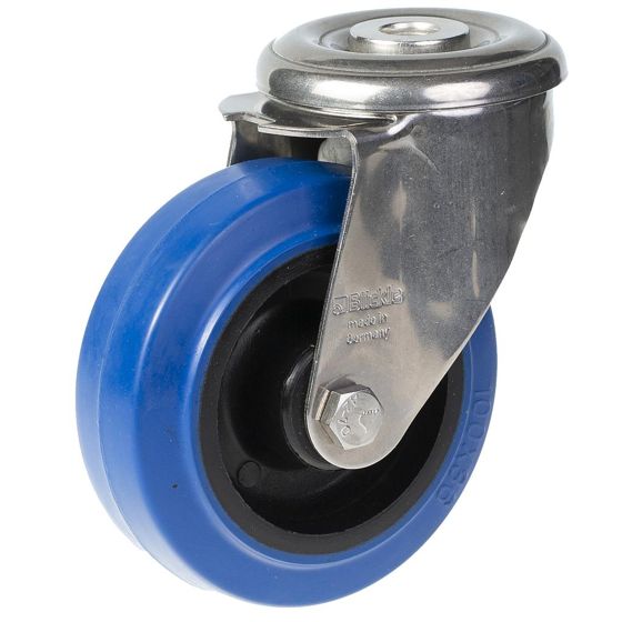 100 mm:n ruostumattomasta teräksestä valmistettu kääntyvä pyörä, jossa on sininen elastinen kumi nylonkeskipyörällä.