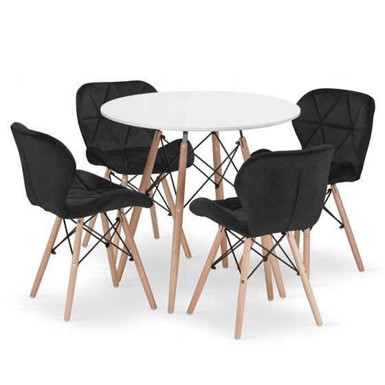 TODI 80 pyöreä pöytä, valkoinen 4 LAGO-tuolia, musta