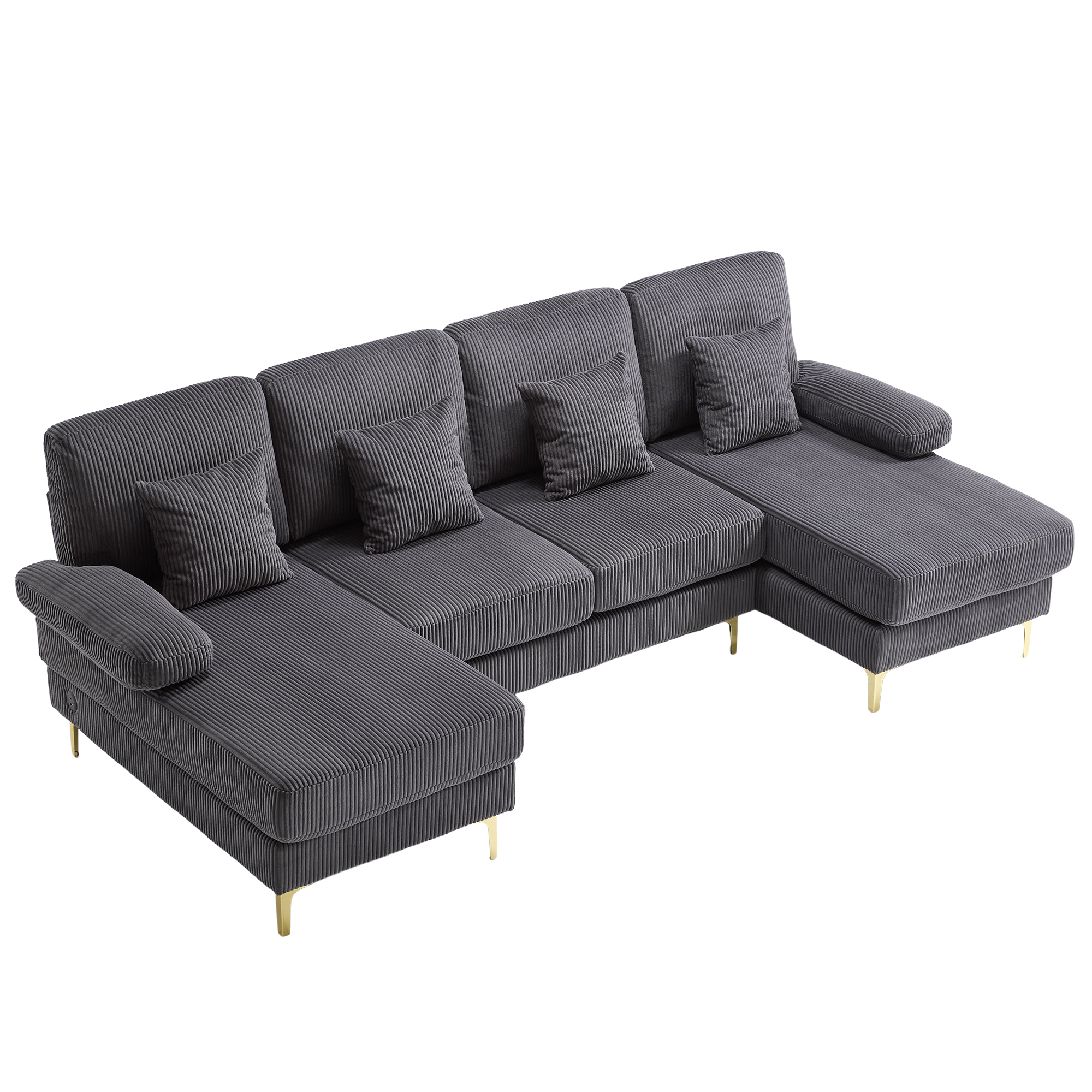 Moderni U-sohva LED-valoilla ja USB-portilla,massiivipuurunkoinen 4 harmaata tyynyä