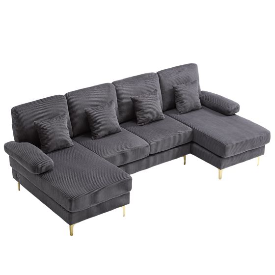 Moderni U-sohva LED-valoilla ja USB-portilla,massiivipuurunkoinen 4 harmaata tyynyä