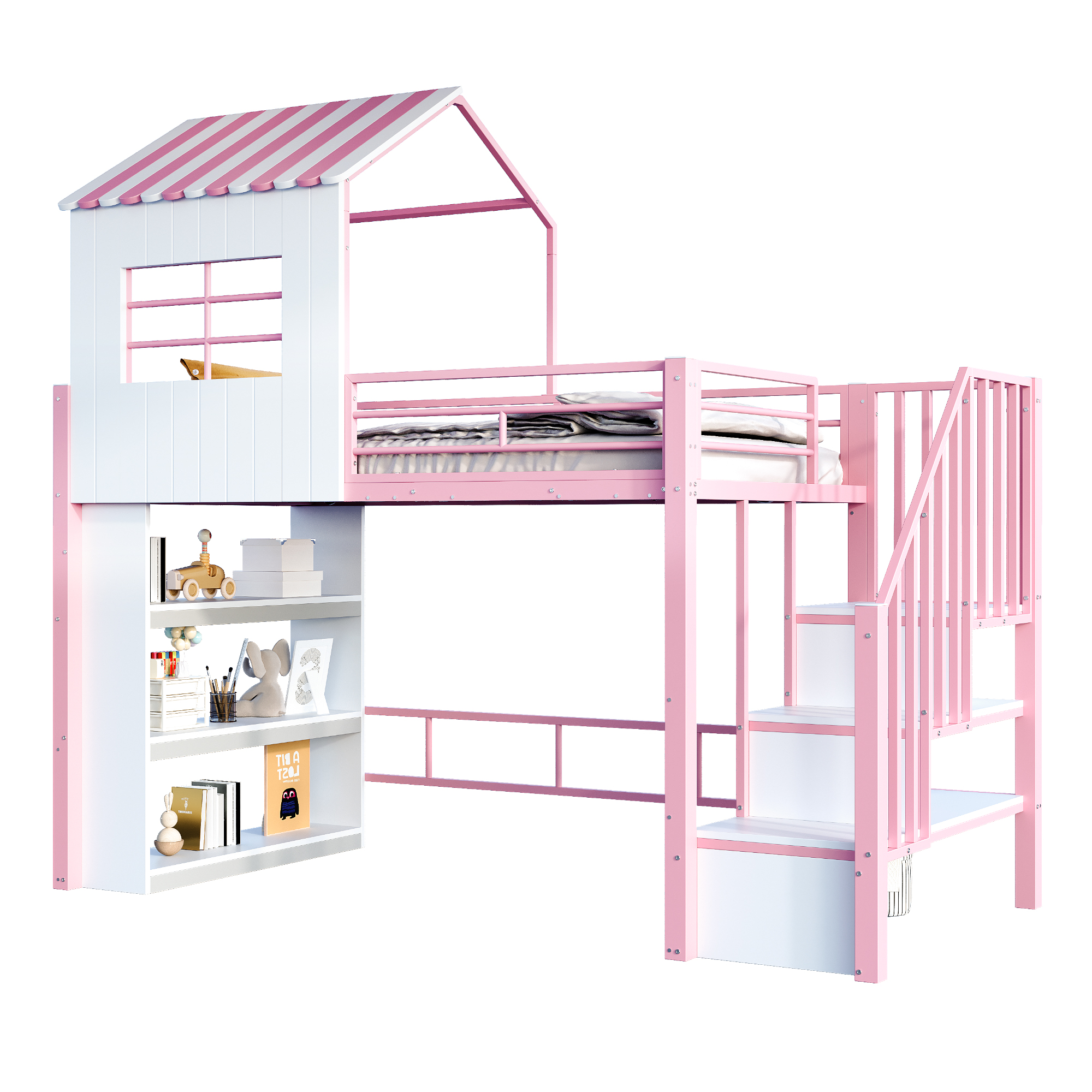 Parvisänky, 90x200 cm, talon suunnittelu, korkea kaide, säilytyshylly, portaat, vaaleanpunainen