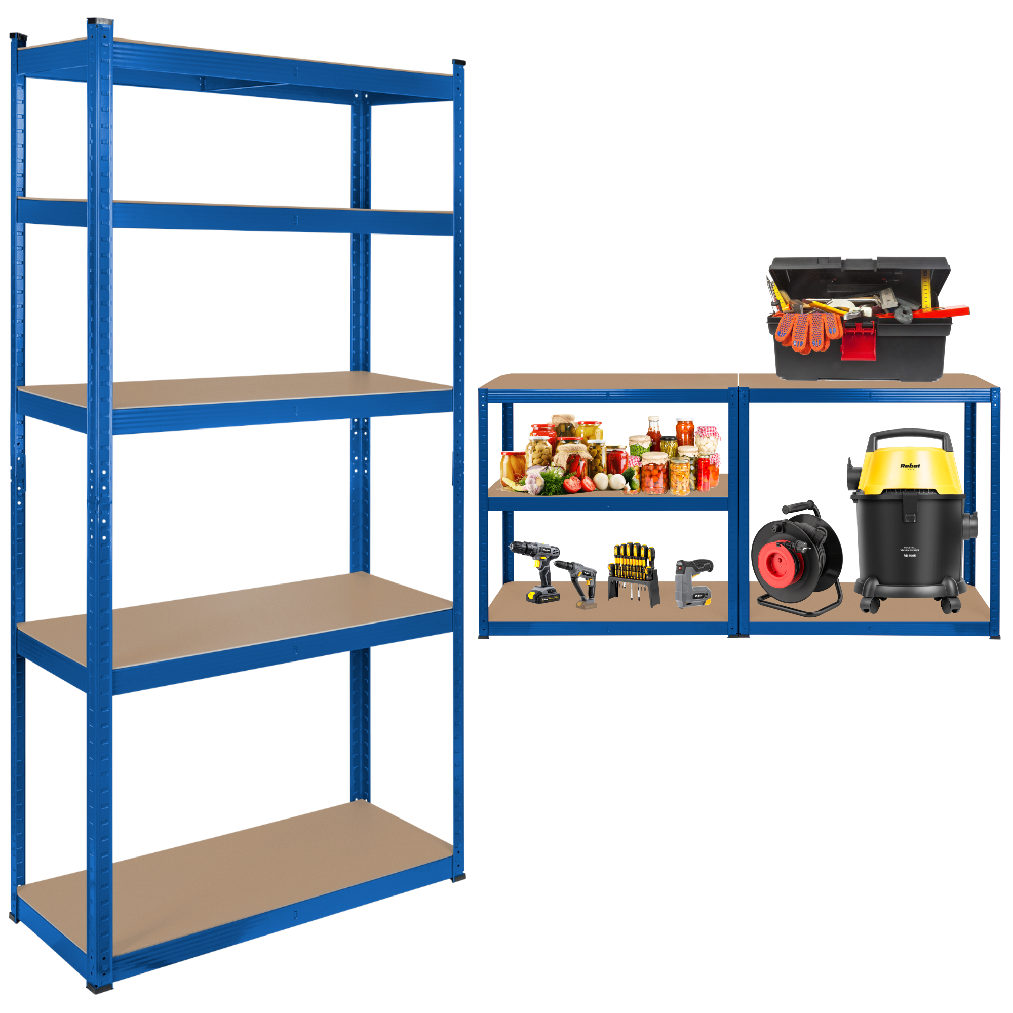 Rebel 2-in-1 metallinen säilytysteline, 5 hyllyä, autotalli, 180x90x40cm, 750kg