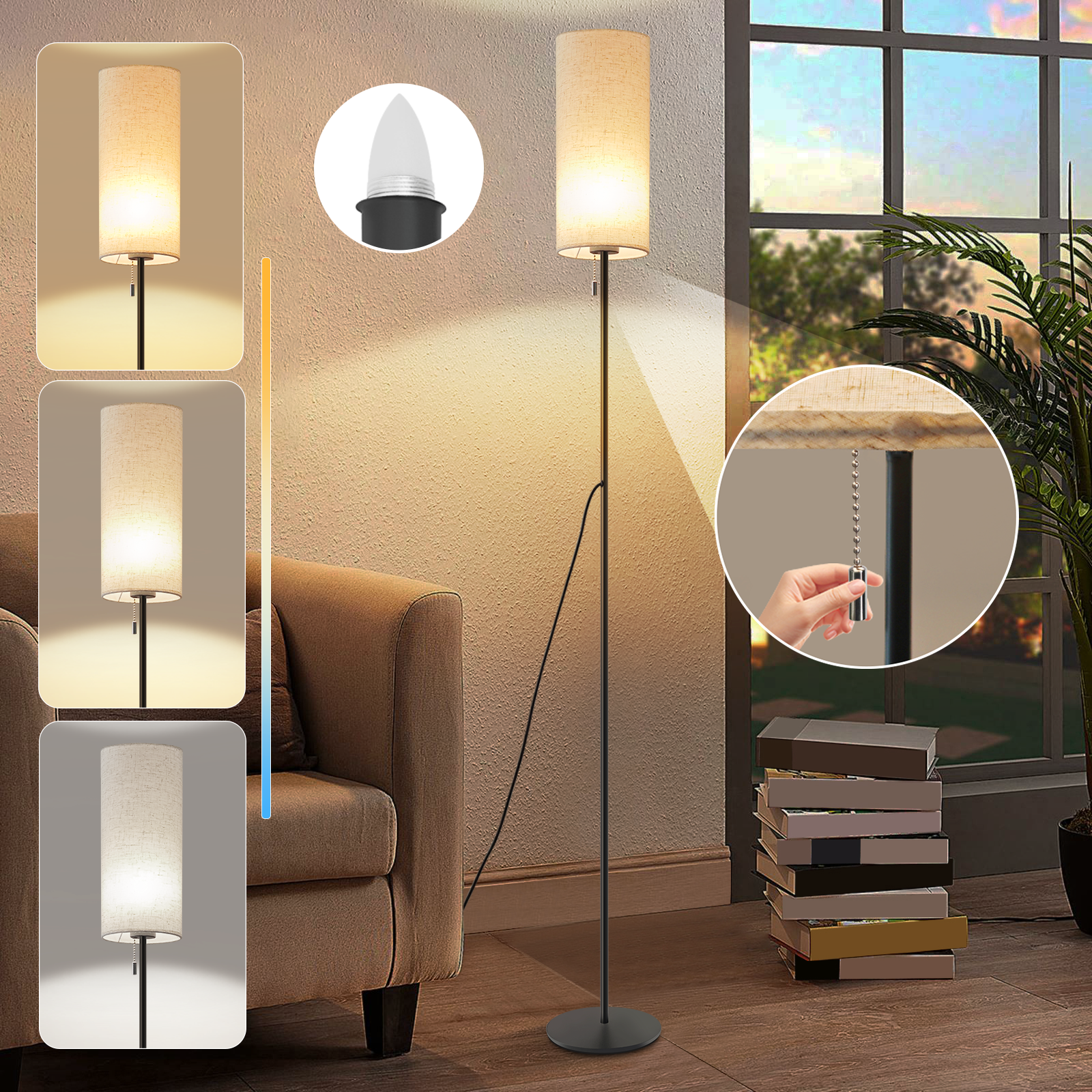 NETTLIFE Himmennettävä LED - lattiavalaisin Retro Kangasvarjostin Olohuoneeseen Vetokytkimellä