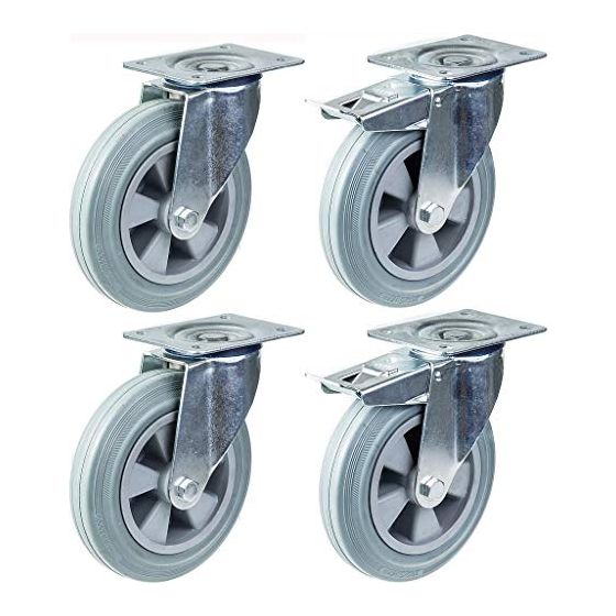 200mm 8" pyörä harmaalla kumirenkaalla kääntyvä ja jarrullinen vahva 820kg kantavuus, 4 kpl:n sarja.