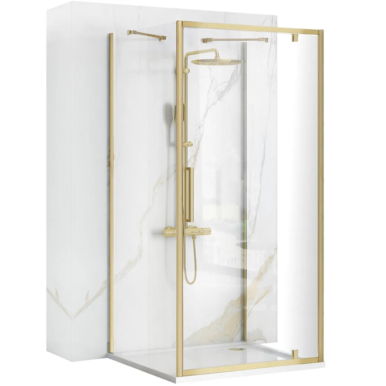 REA Seinän viereen asennettava suihkukaappi RAPID SWING 90x90 harjattu kulta, 90X90X195CM