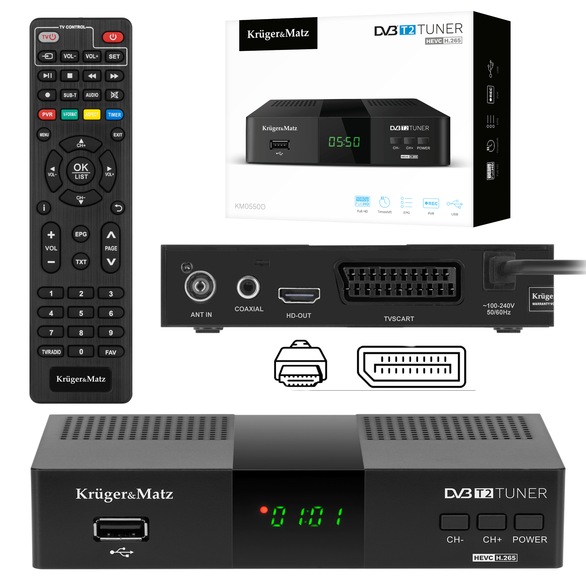 DVB-T2 H.265 HEVC-viritin Kruger&Matz HDMI SCART PVR EPG USB-dekooderi