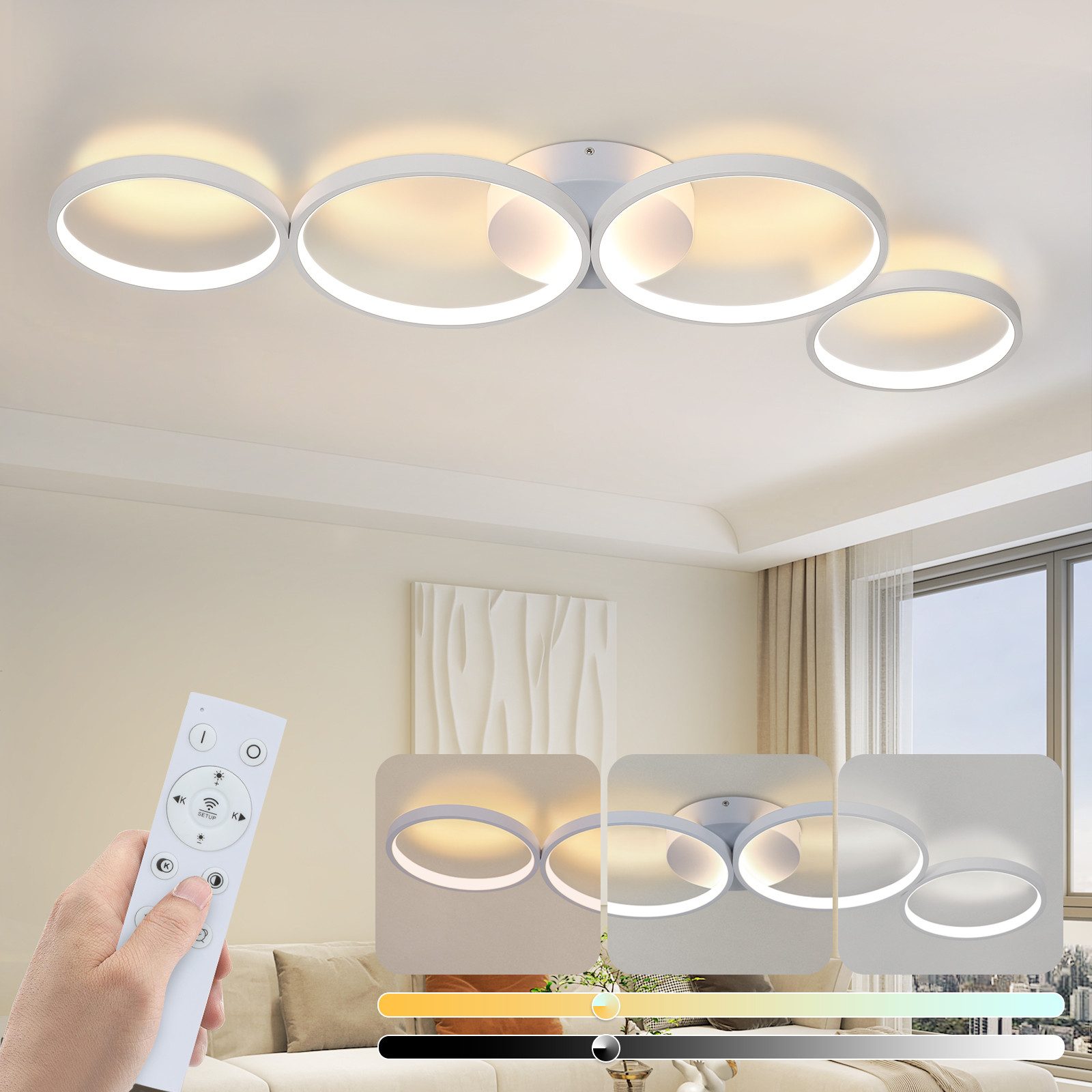 NETTLIFE LED - kattovalaisin, 100cm, himmennettävä, 4 rengasta, moderni, 56WValkoinen Valaistus Kaukosäätimellä