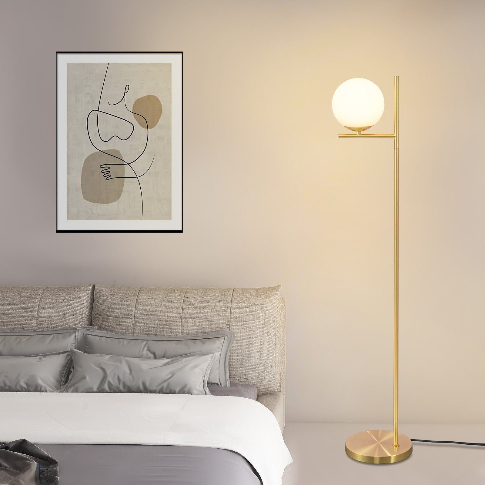 NETTLIFE Industrial Gold - lattiavalaisin jalkakytkimellä, valkoinen lasimetallidesign, vintage E27 - lattiavalaisin, 2 metrin johto