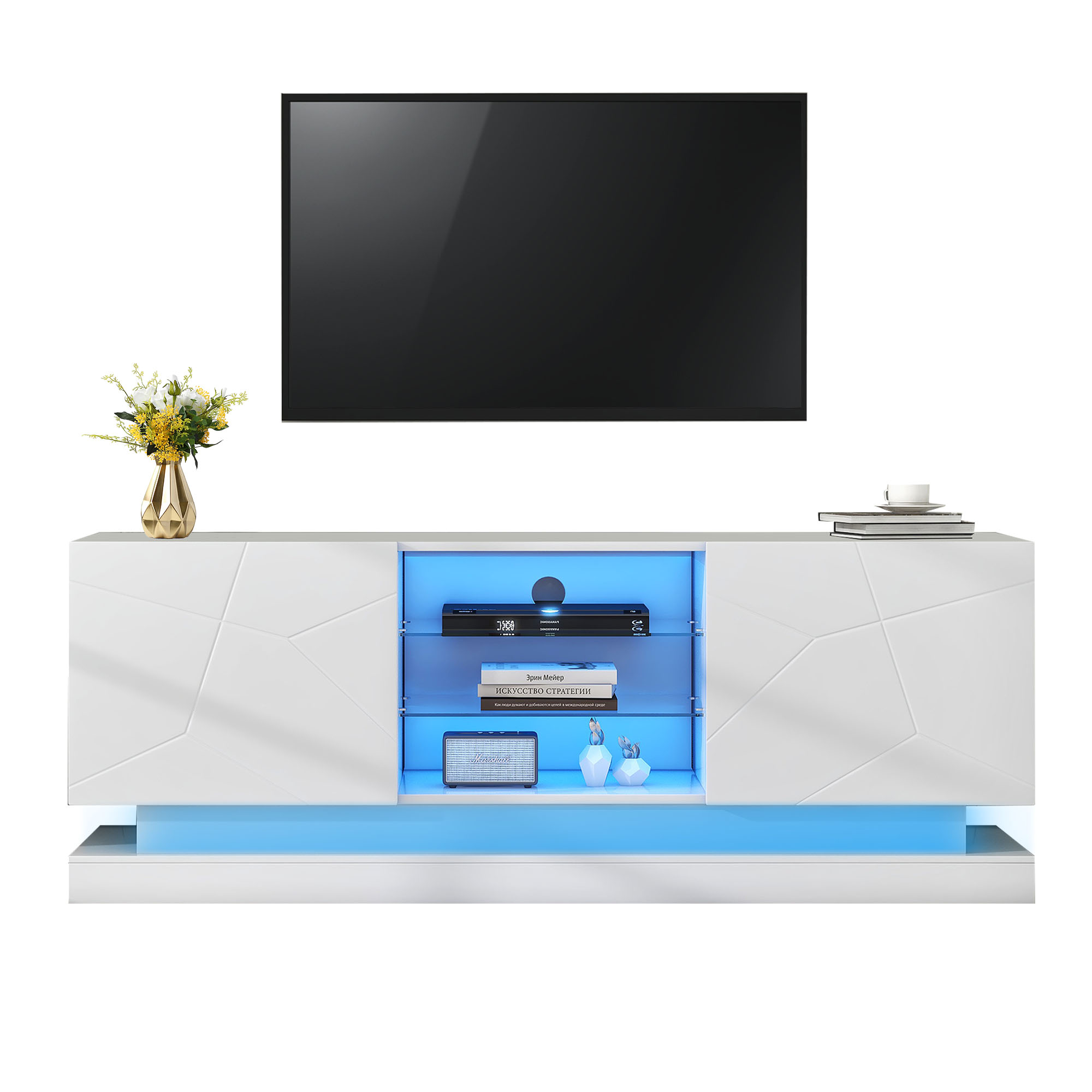 TV-taso 160x38,5x60 cm valkoinen lastulevy säilytyksellä ja liukuovilla