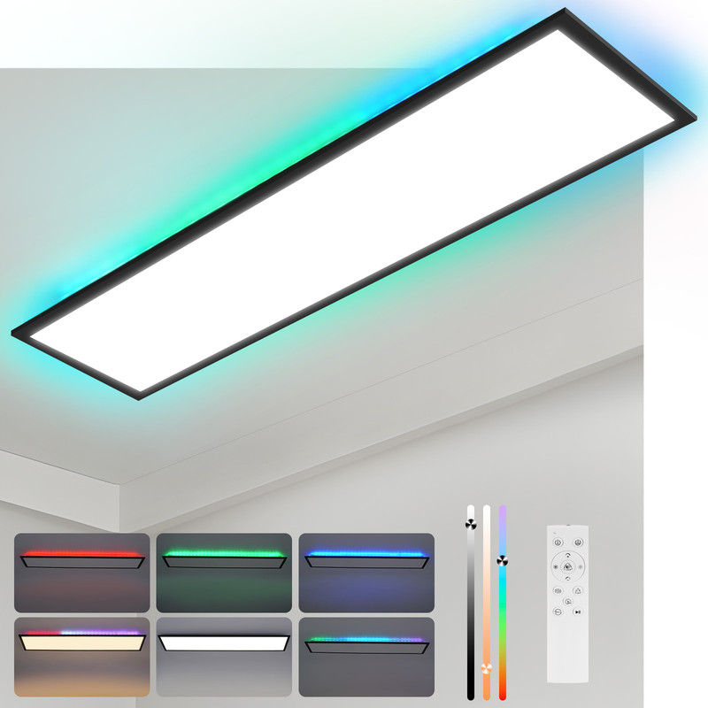 NETTLIFE LED-paneeli 120 x 30 cm, himmennettävä, pitkä, litteä kattovalaisin, RGB-väri, kaukosäätimellä, 36 W, musta, suorakaiteen muotoinen