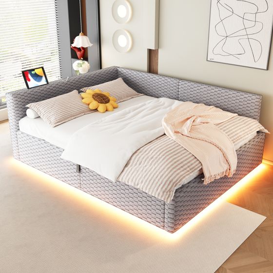 Verhoiltu sänky 140x200, parisänky, LED-valoilla, USB-C, 2xUSB, pehmeä selkänoja L, sametti, hydraulinen, harmaa, ilman mattoa
