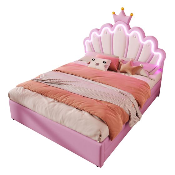 Verhoiltu sänky 140 x 200 cm, parisänky kahdella laatikolla, kruununmuotoinen prinsessasänky, PU, pinkki