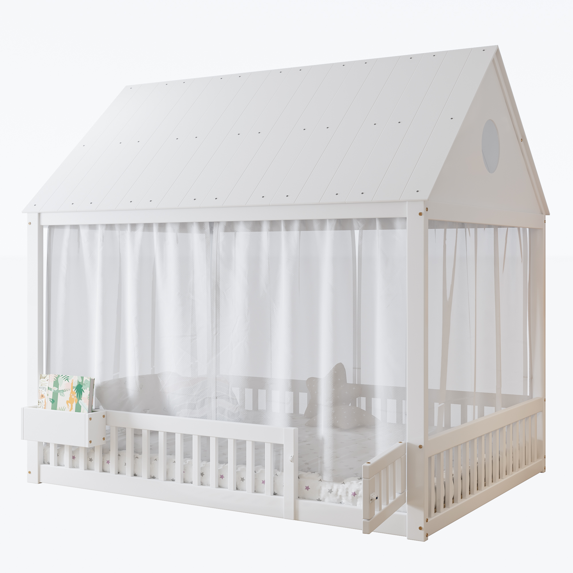 Vuodesänky 140x200 cm valkoisena koristeellisilla verhoilla