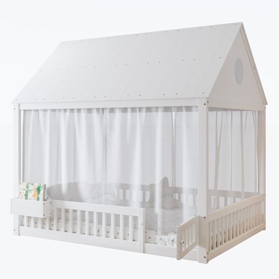 Vuodesänky 140x200 cm valkoisena koristeellisilla verhoilla