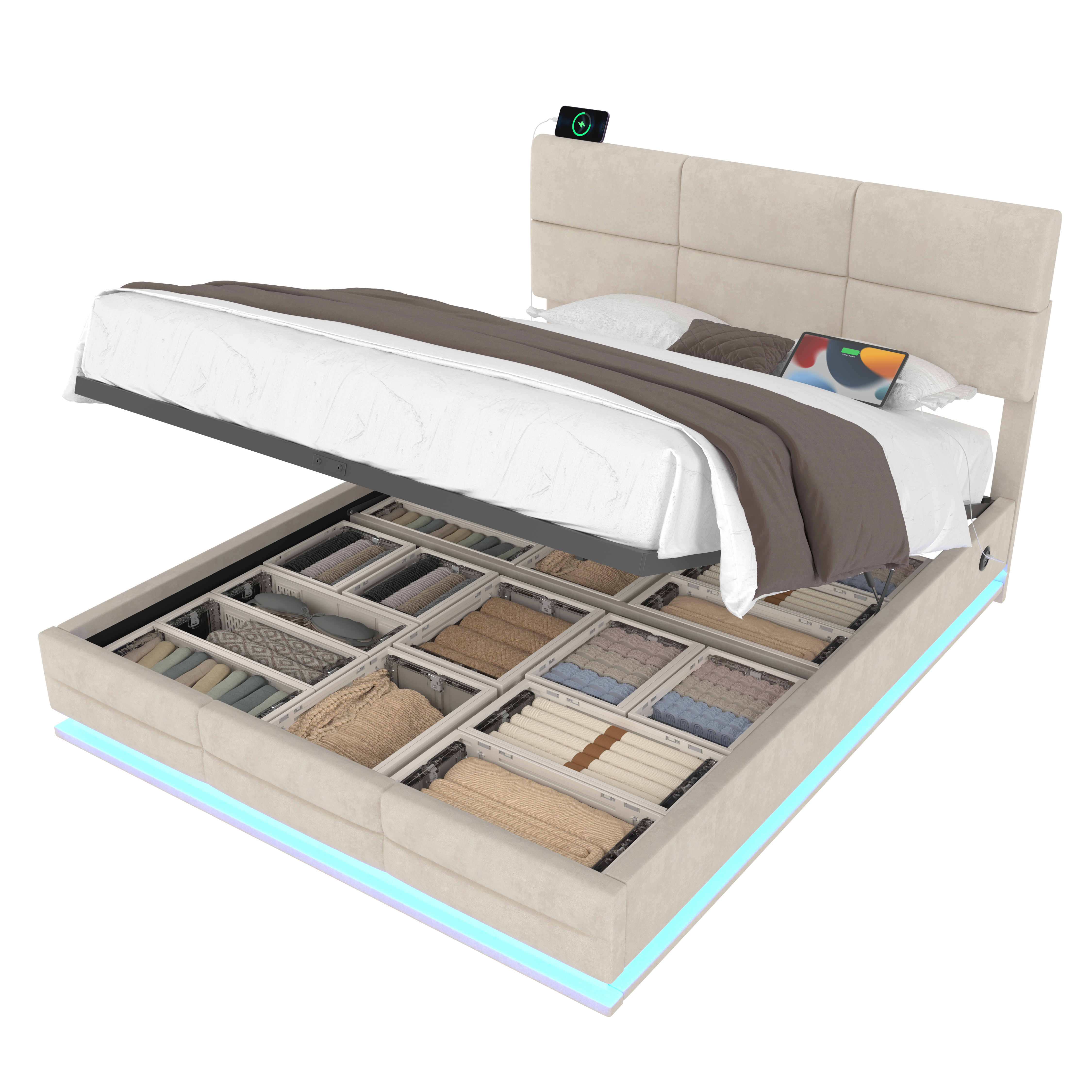 sänky 180x200 cm säädettävä LED-valaistus säilytystila USB-liitännät sametti beige