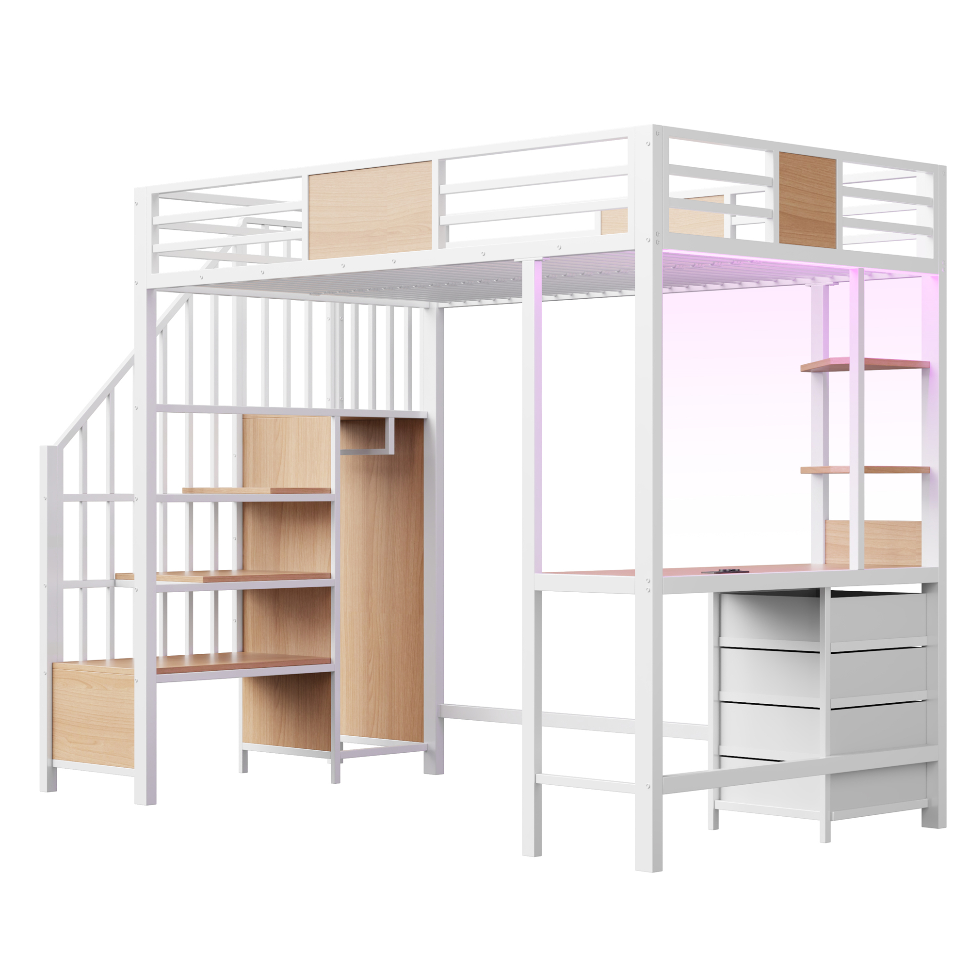 Hochbett 90x200 cm turva-aidoilla, säilytystilalla, kirjoituspöydällä, LED-valaistuksella ja pistorasialla valkoinen metallinen