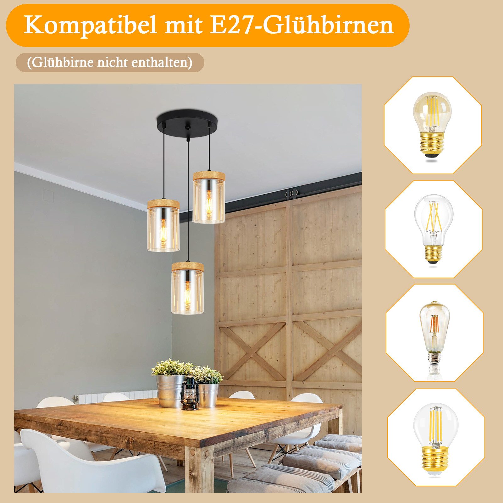 NETTLIFE Ruokapöydän riippuvalaisin, 3 liekkiä, vintage - lasia, E27, olohuoneen riippuvalaisin