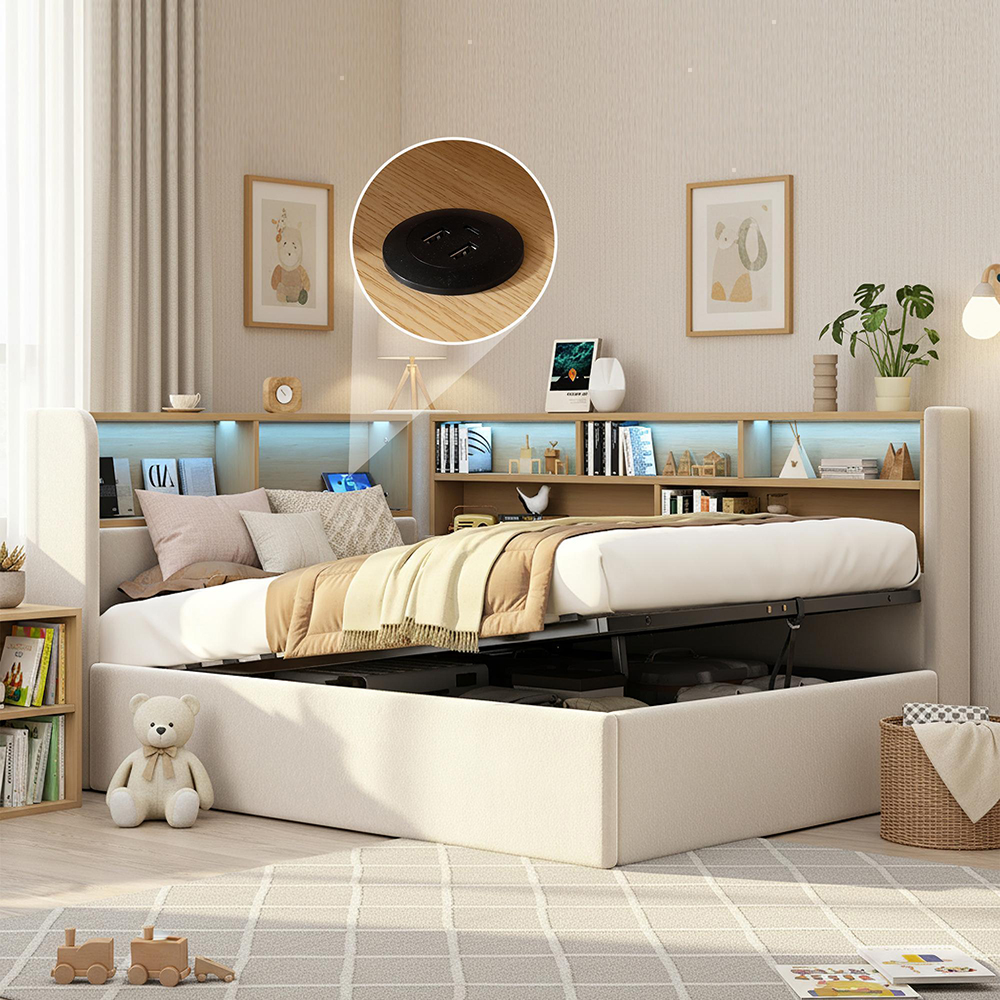 Verhoiltu sänky 90 x 200 cm, LED-valaistuksella, beige