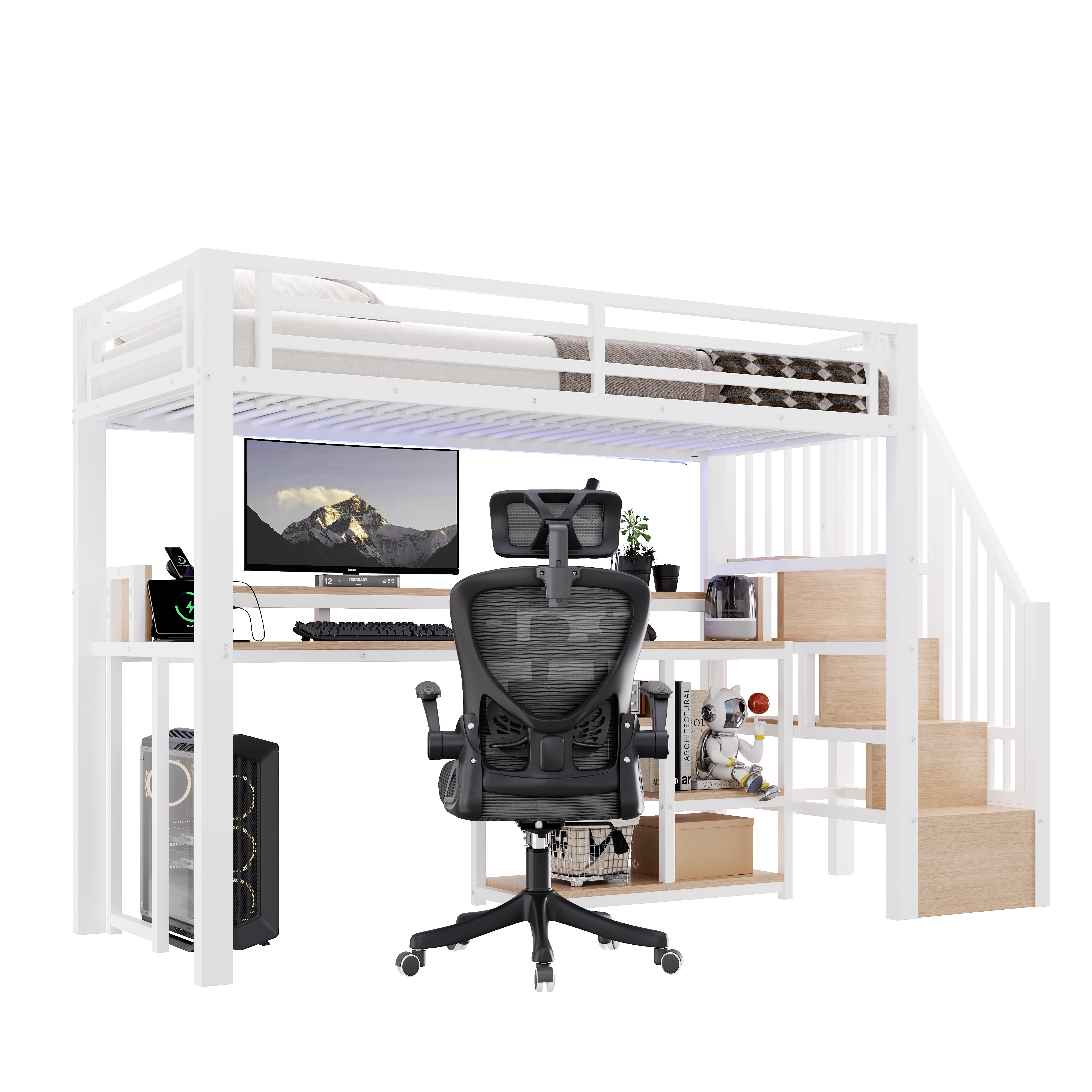 Sänky 90x200 cm turva-aidat säilytystila LED-valaistus USB ja tyypin C liitäntä valkoinen MDF ja metalli
