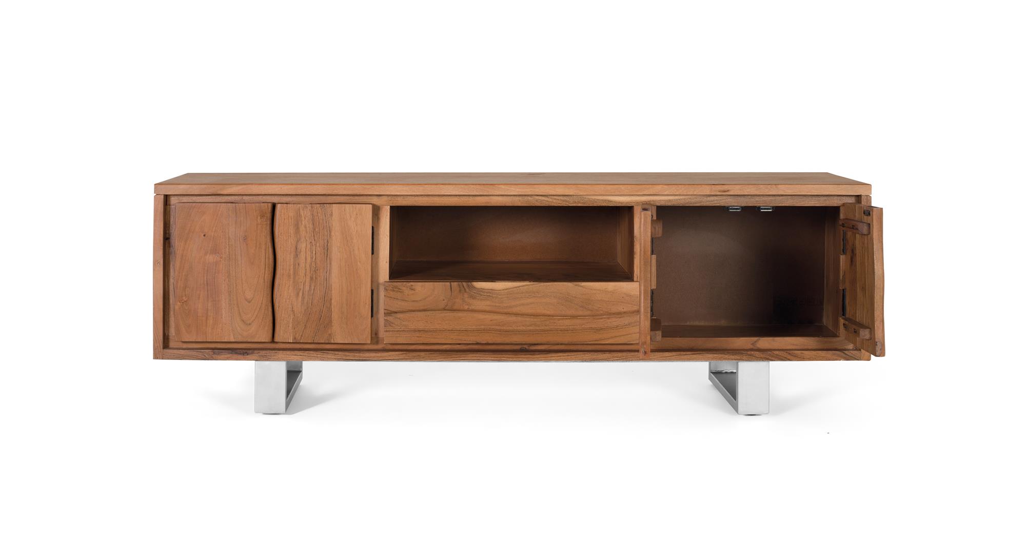 TV-taso luonnonväristä akaasiapuusta ja hopeanvärisestä metallista