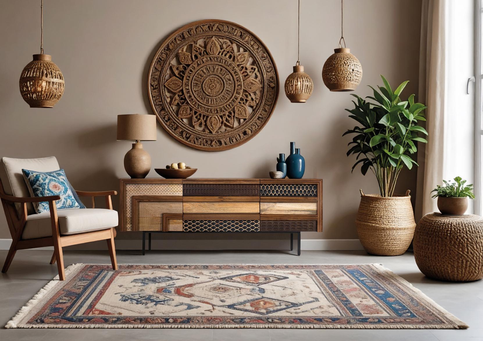 TV-taso mangopuusta, tekstuurisia geometrisia kuvioita