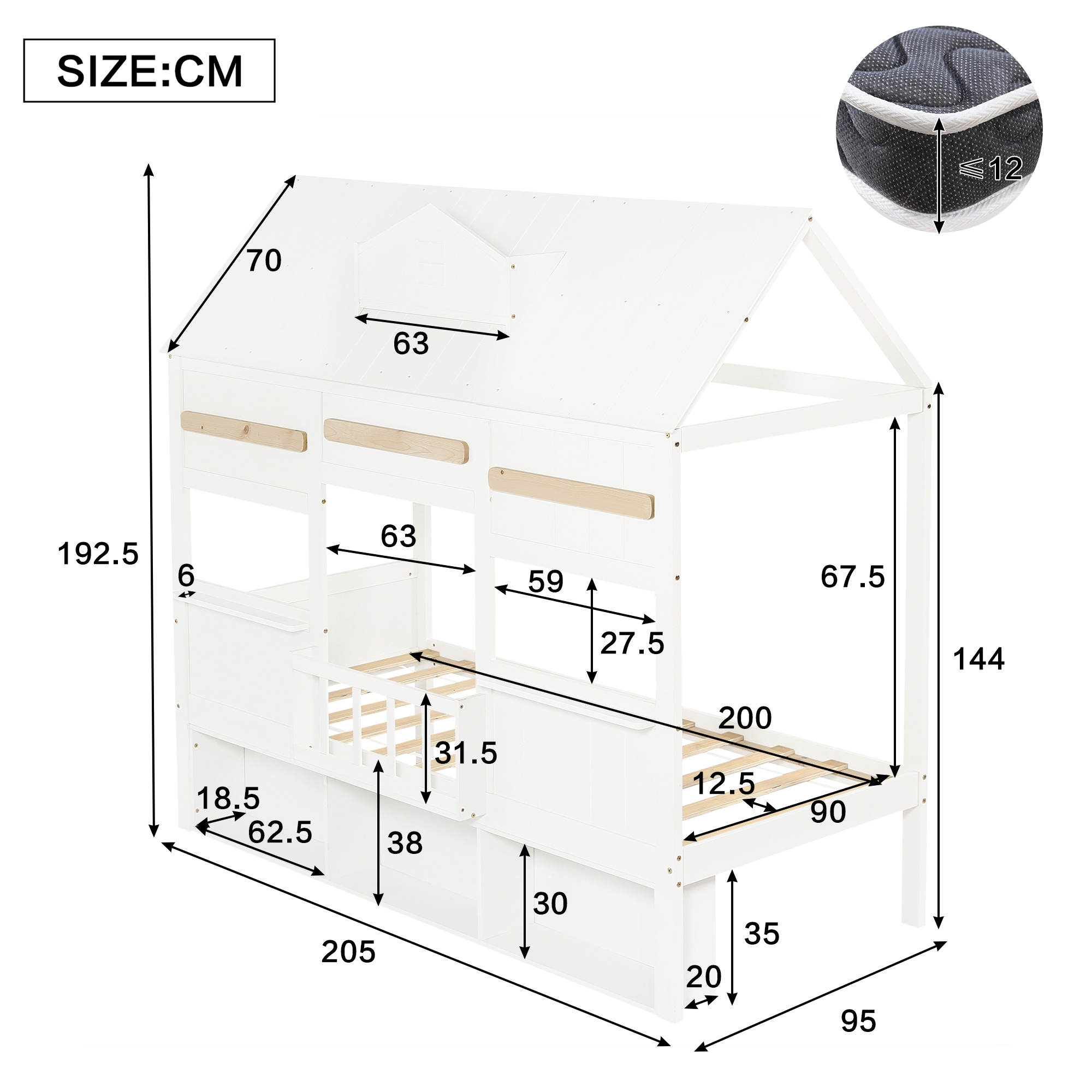 Vuodesänky 90x200 cm valkoisena yhdellä kirjahyllyllä