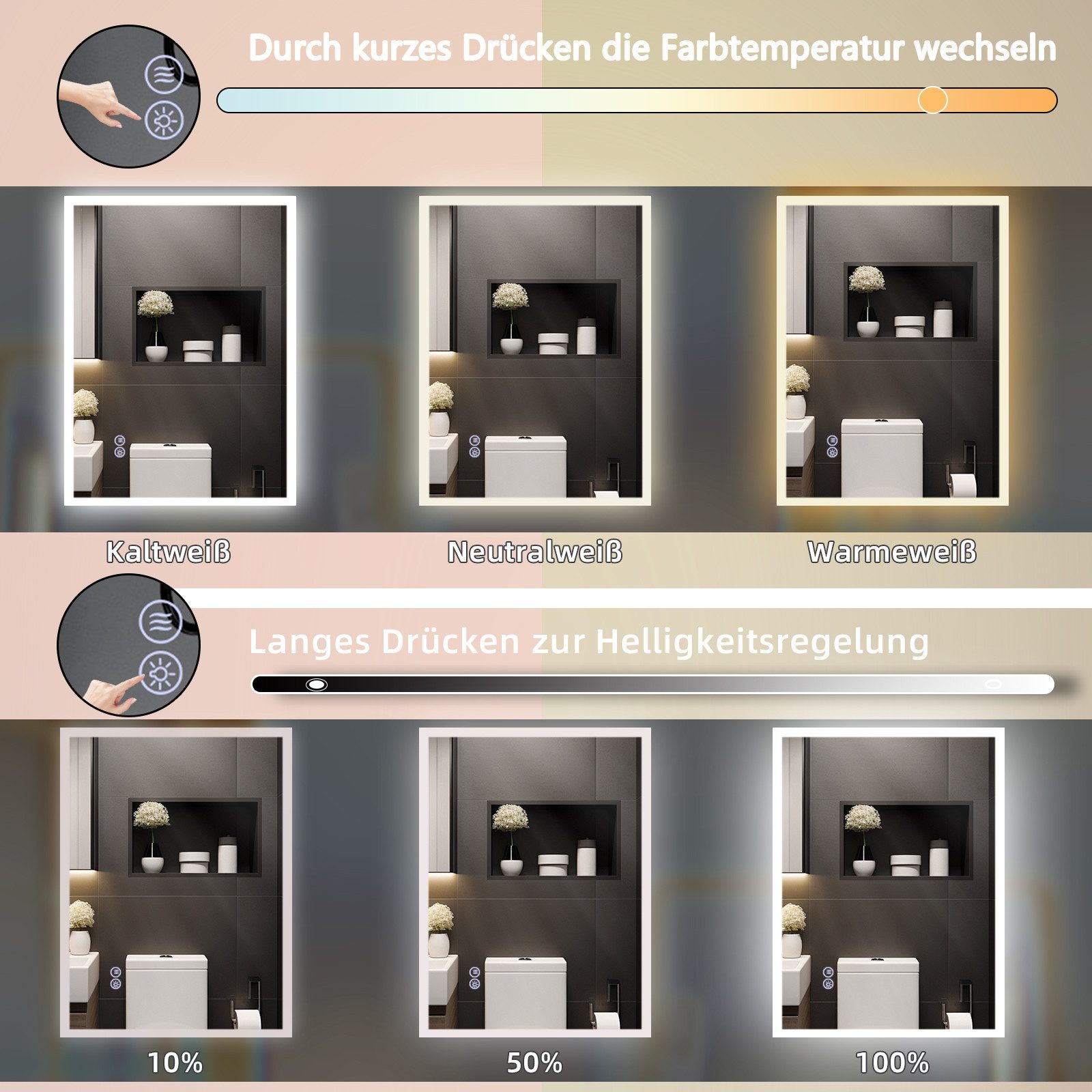 NETTLIFE peili Valolla - 60x80cm, LED - seinäpeili, räjähdyssuojattu, lasinen Kylpyhuoneen, peili Kosketusnäytöllä