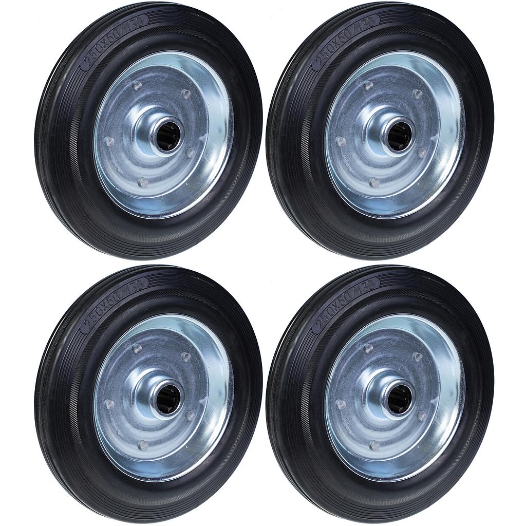 250 mm:n (10 tuuman) musta kumipyörä, jossa on puristetusta teräksestä valmistettu 25 mm:n keskiö, kantavuus 210 kg – sarja