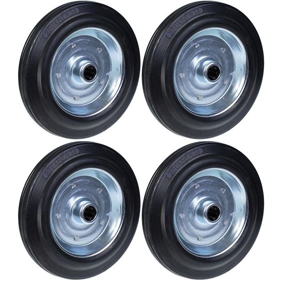 250 mm:n (10 tuuman) musta kumipyörä, jossa on puristetusta teräksestä valmistettu 25 mm:n keskiö, kantavuus 210 kg – sarja