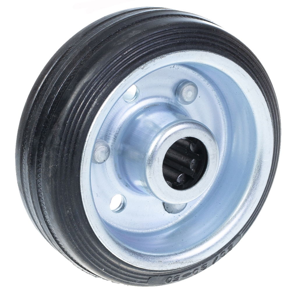 80 mm:n pyörä, jossa on musta kumipinta ja puristetusta teräksestä valmistettu keskiosa