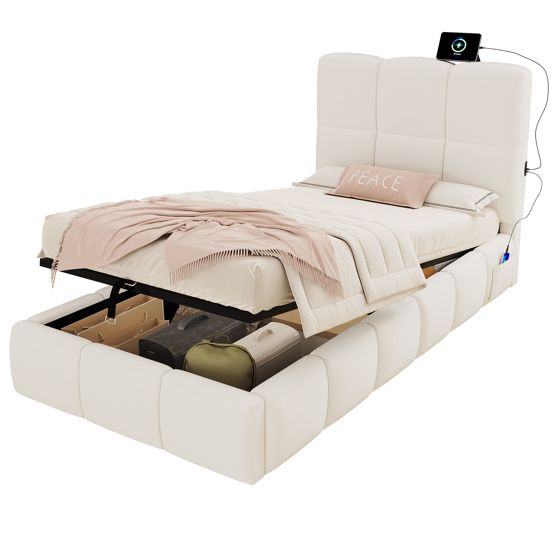 sänky 90x200 cm hydraulinen säilytystila ja USB-latausliitäntä beige bouclé