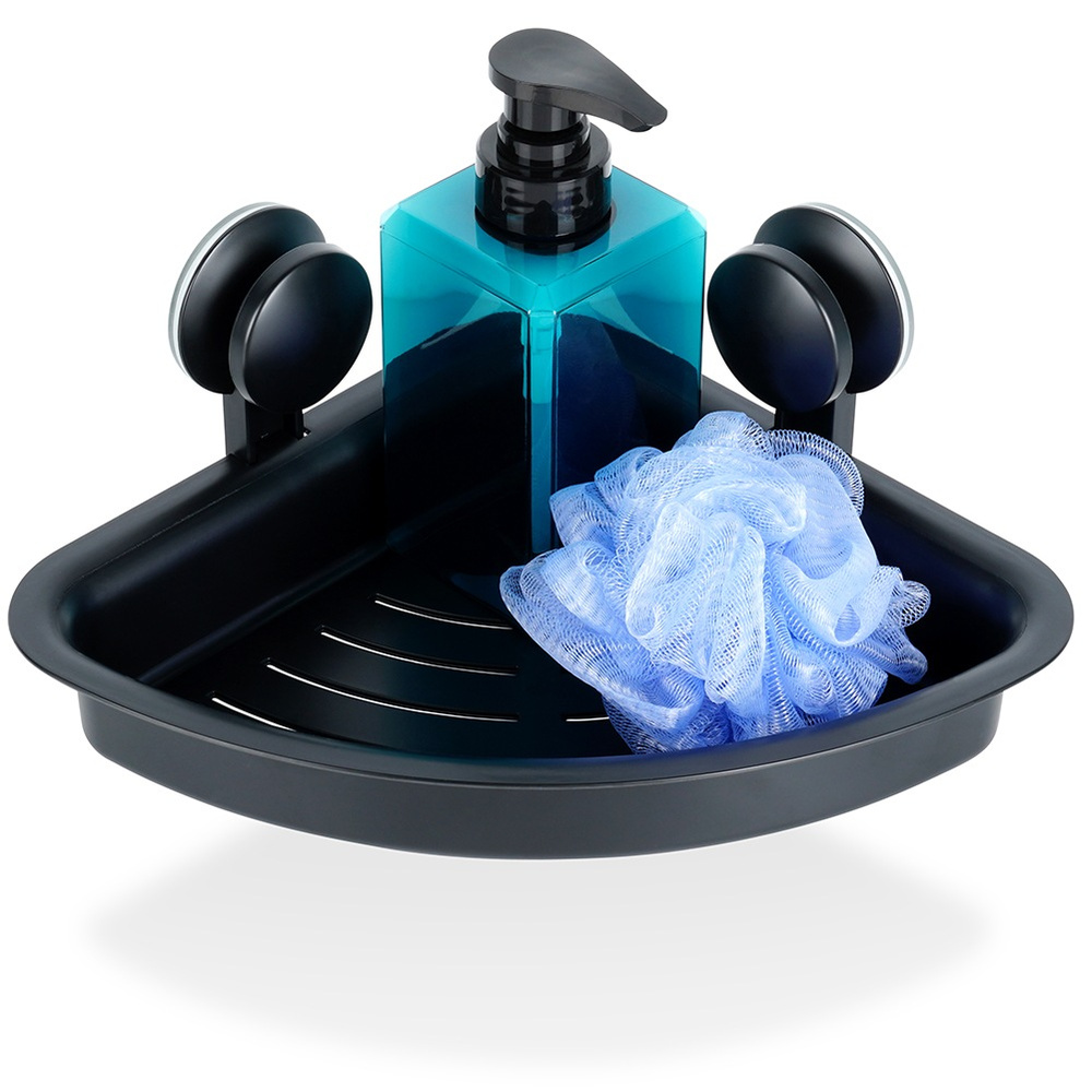 Musta suihkuhylly imukupeilla, kulma, 28x22x12 cm