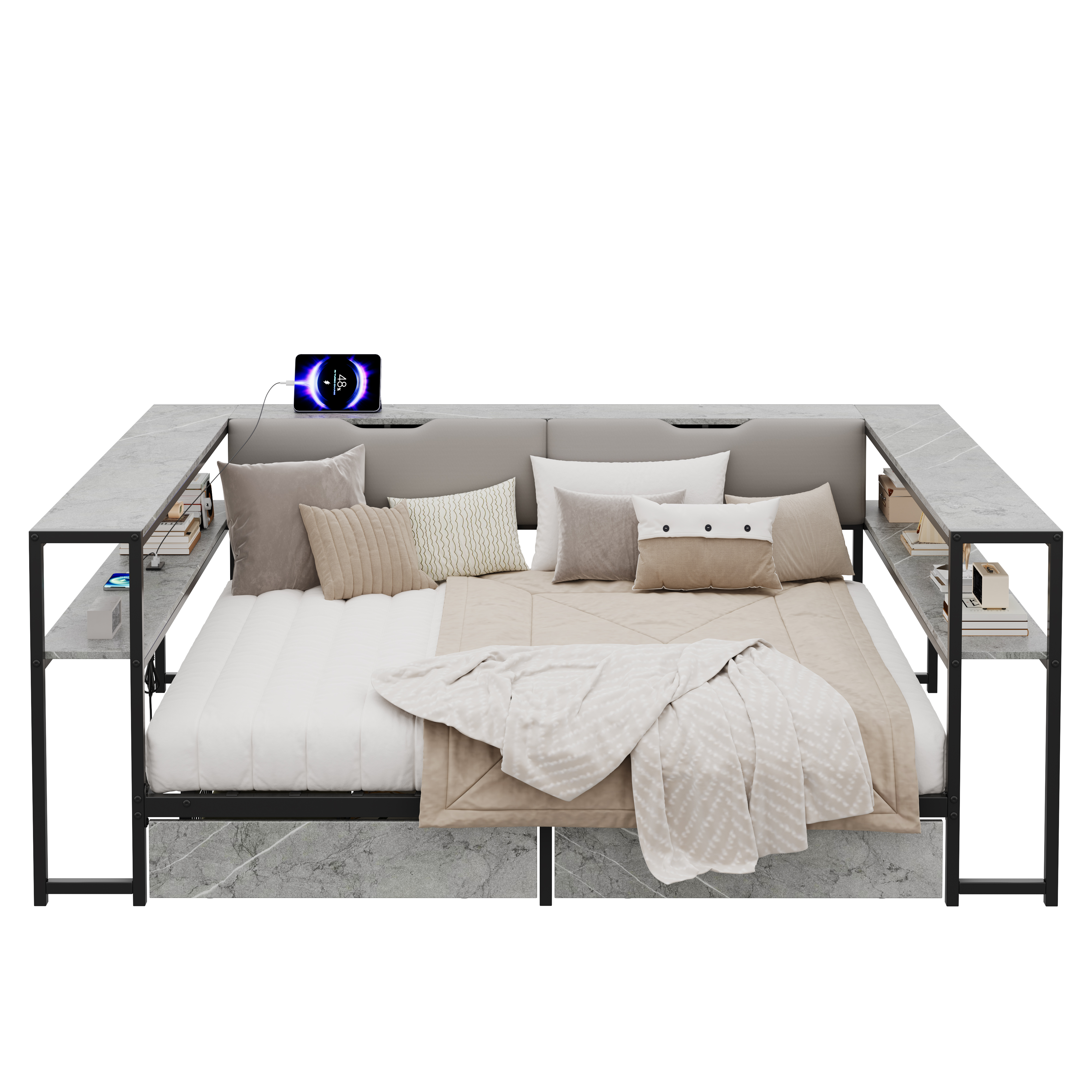 sänky 140x200 cm turva-aidat säilytystila laatikot LED-valaistus harmaa MDF+metalli