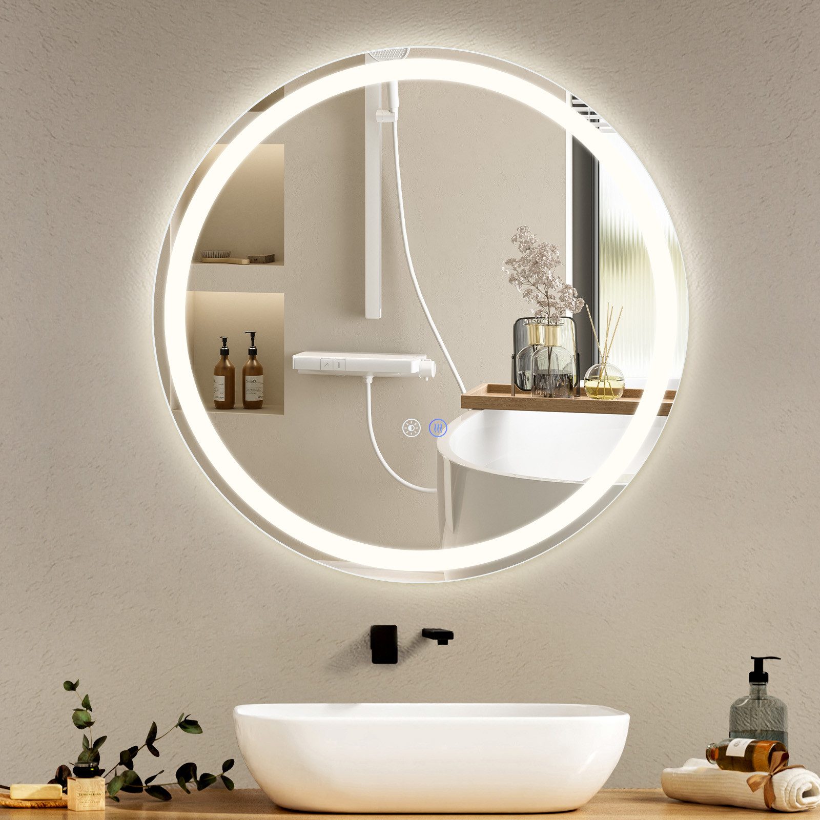 NETTLIFE valaistu kylpyhuoneen peili - pyöreä 50 cm LED, seinäkiinnitys, kosketuskytkin, huurtumaton, IP44 säädettävä 3000K -6500K