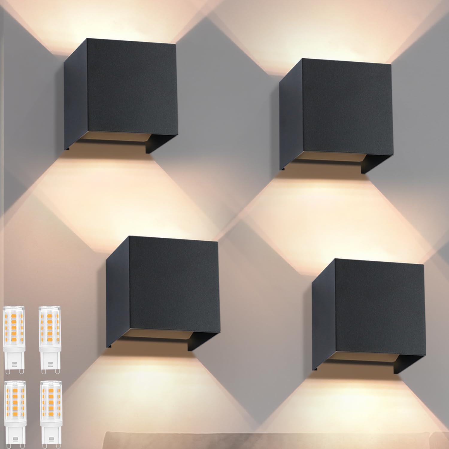 NETTLIFE 4 LED-seinävalaisinta ulko-/sisäkäyttöön, musta ylös-alaspäin, IP65, kotiin, portaikkoon