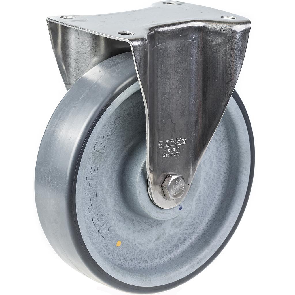 200 mm:n ruostumattomasta teräksestä valmistettu kiinteä pyörä, jossa on harmaa sähköä johtava kestomuovi.