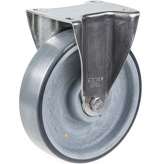 200 mm:n ruostumattomasta teräksestä valmistettu kiinteä pyörä, jossa on harmaa sähköä johtava kestomuovi.