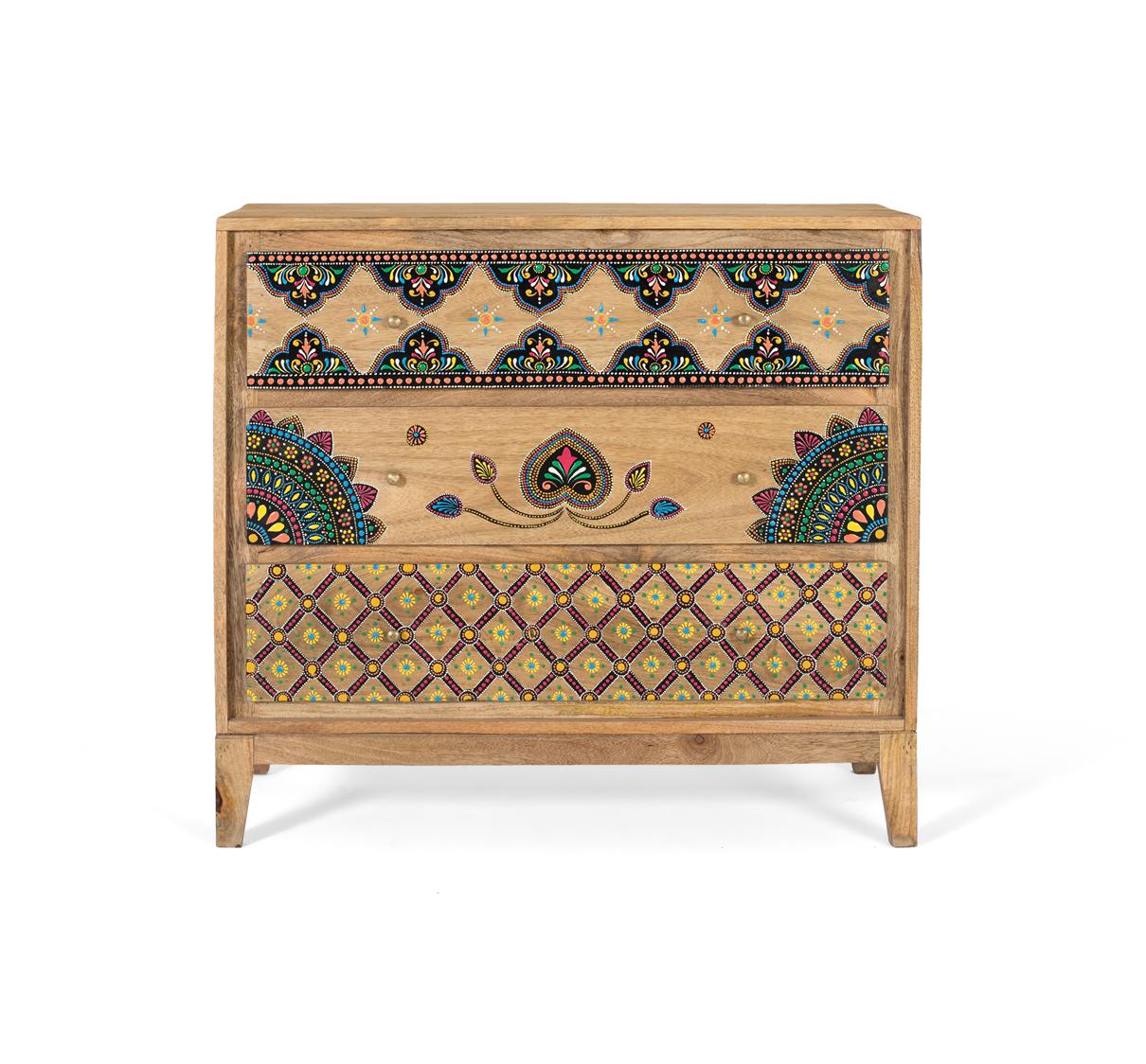 Lipasto massiivimangopuusta käsinmaalatuilla yksityiskohdilla